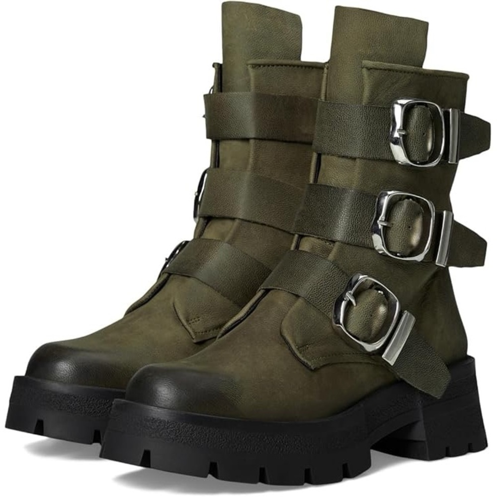 Women's Olive Green Buckle Strap Boots